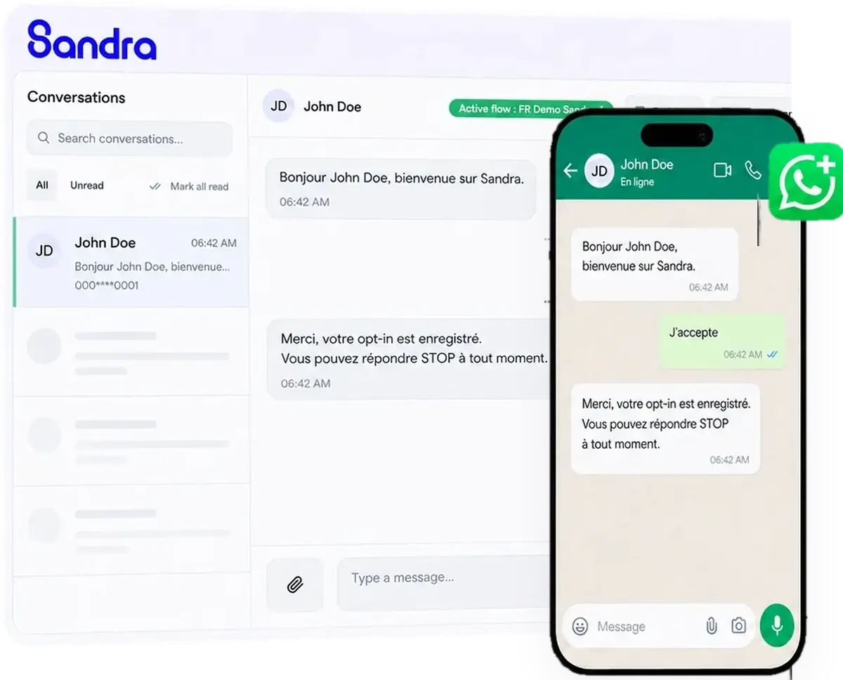La même conversation WhatsApp affichée dans l’inbox Sandra et sur le téléphone du conseiller