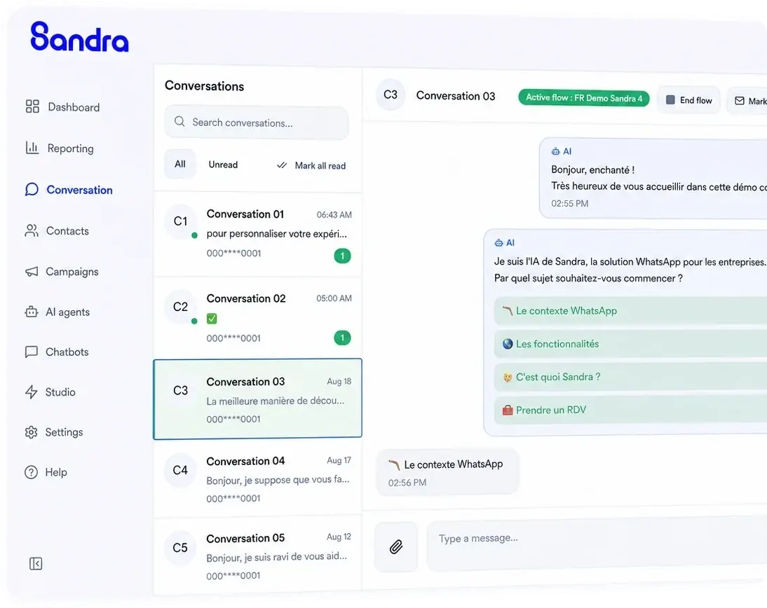 Inbox Sandra : liste des conversations WhatsApp et fil d’échange avec un agent IA